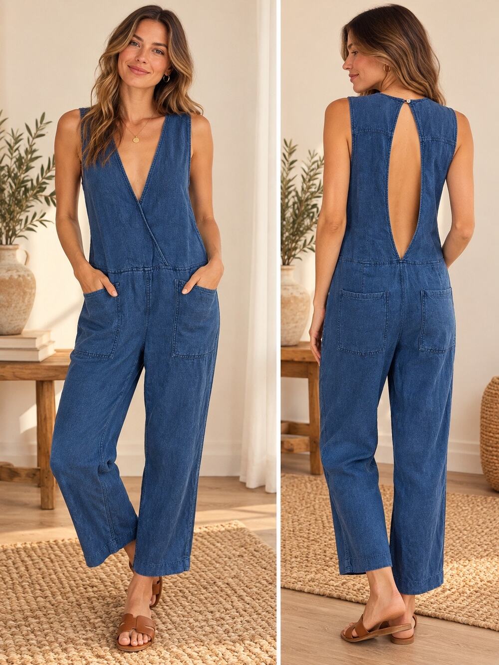 Free People Blue Linen Sleeveless Deep V Open Back Jumpsuit Size Small